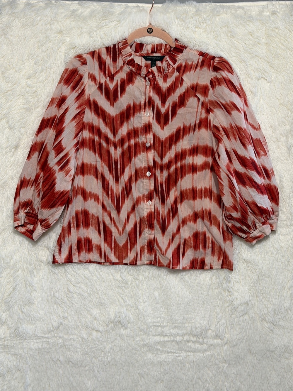 Banana Republic Womens Zebra Print Button Up Top MP Puff Sleeve Ruffle Neck